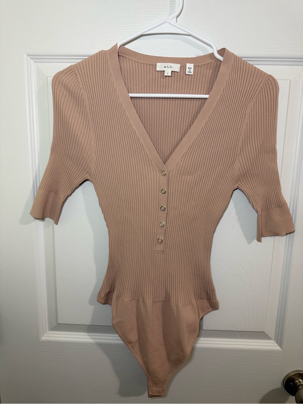 A.L.C. Toni Ribbed Henley Bodysuit Tamarind Nude V-Neck Short Sleeve Size Large